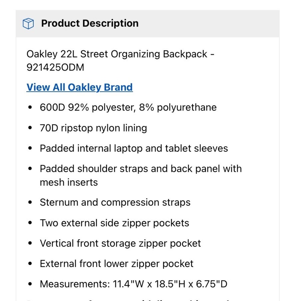 Oakley Street Organizing Backpack 22L Blackout Laptop Bag RFID New School Travel - Picture 7 of 8